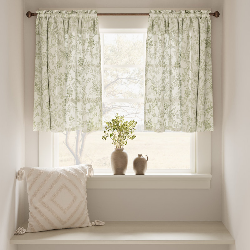 Linen Rod Pocket Floral Farmhouse Cafe Kitchen Curtains, 26" W x 36" L, Green