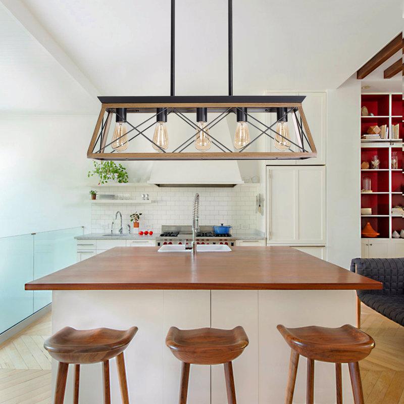 Lustre - Luminaire suspendu de style industriel en noyer de 32 po à 5 lumières, conception de cage en métal de style moderne, avec fonction d'éclairage suspendue réglable