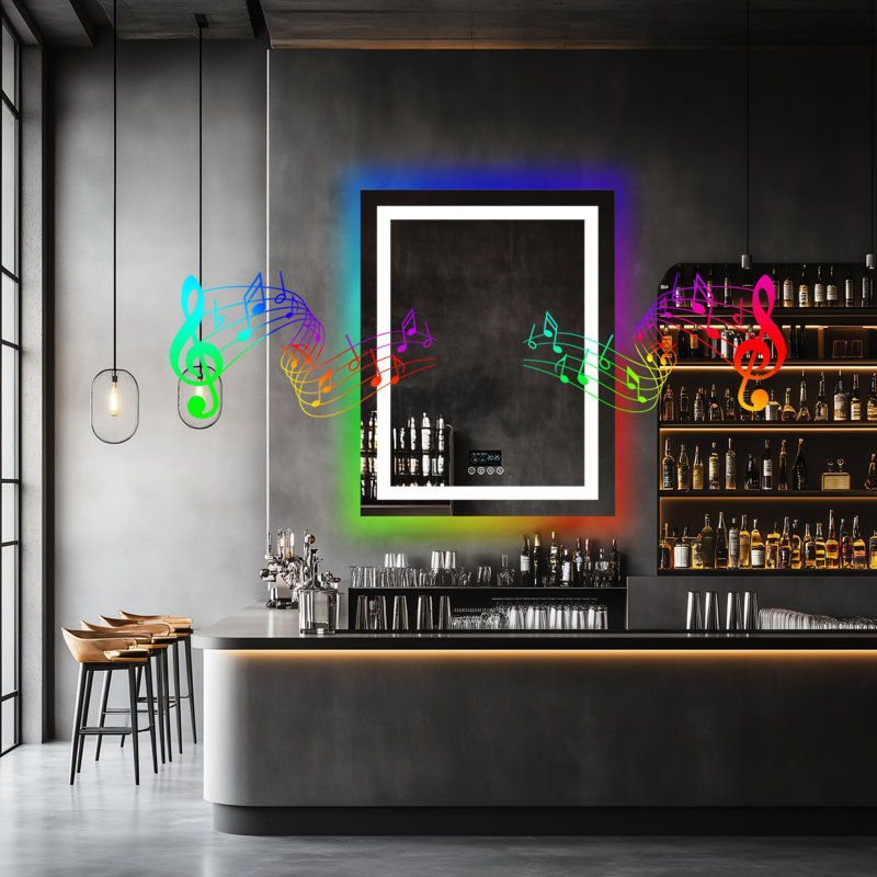 Bertram Led Bathroom Mirror With Lights, Wall-mounted With Bluetooth Speaker, Time & Date Display Anti-fog, Rgb Backlit And 3 Color Temperature Front Lighting, Dimmable Brightness, Ip65 Waterproof, Tempered Glass, Frontlit & Backlit