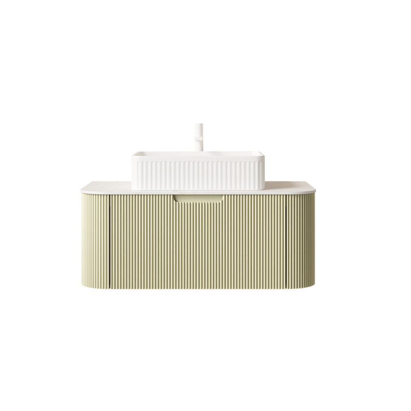 Meuble-lavabo mural flottant à bords arrondis avec lavabo et tiroirs, lavabo rectangulaire en céramique blanc, Vert, 36"
