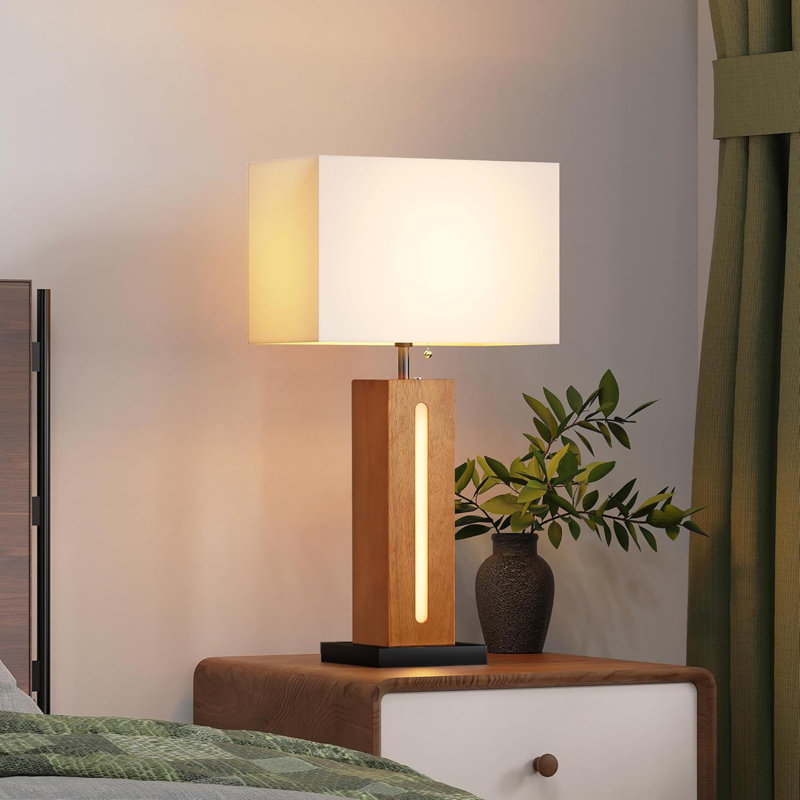 Dimmable Table Lamp with Led Nightlight, Square Wood Grain Bedside Lamp Set of 2