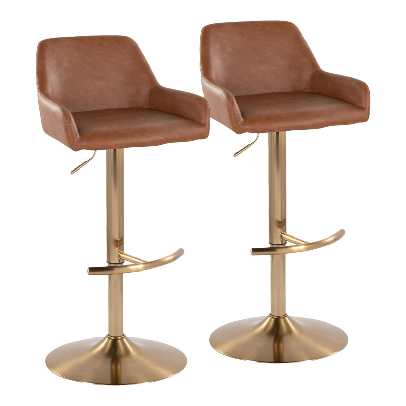 Cassiopeia Adjustable Bar Stool with Rounded T Footrest, Camel Faux Leather/Gold Frame