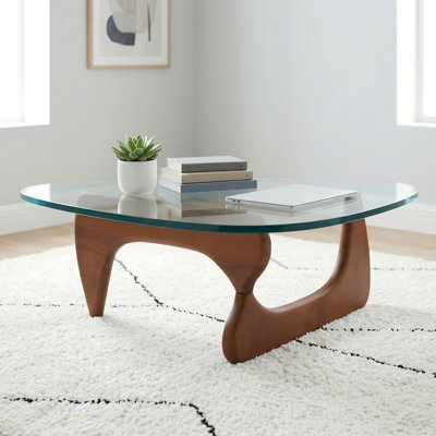 Living Room Coffee Table - Triangular Glass Coffee Table with Wooden Base, Mid-Century Modern Style for Study, Office, Hotel Balcony