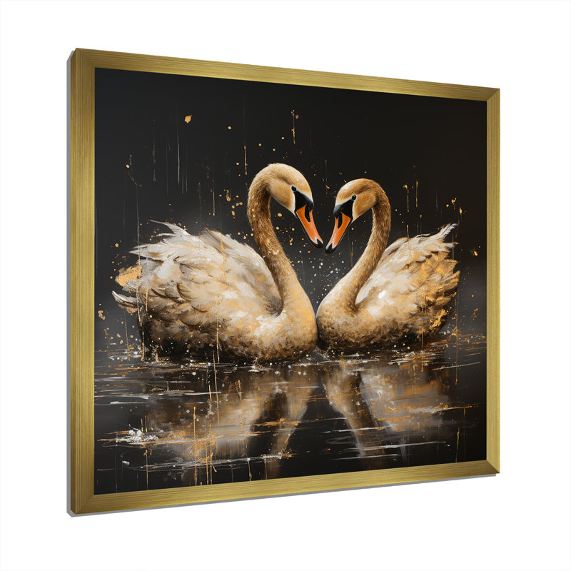 Golden Swans Wandering Pond 3 - cygne, art mural animal, Or, H 30 po x l 30 po