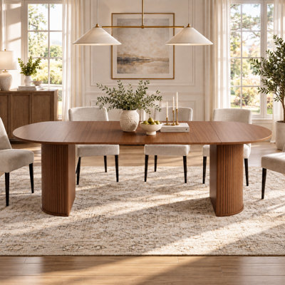 45" to 105" Extendable Round to Oval Dining Table for 4–8 People, Modern Farmhouse Kitchen Table with Double Pedestal Base