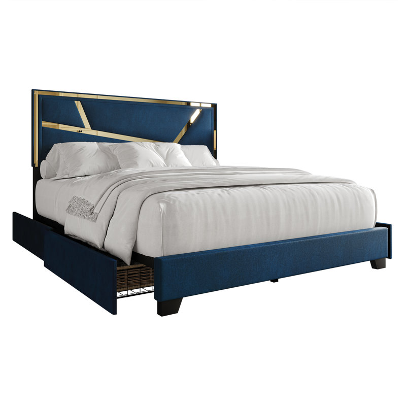 Lit plateforme double avec rangement en velours bleu marine, Grand, Bleu marine