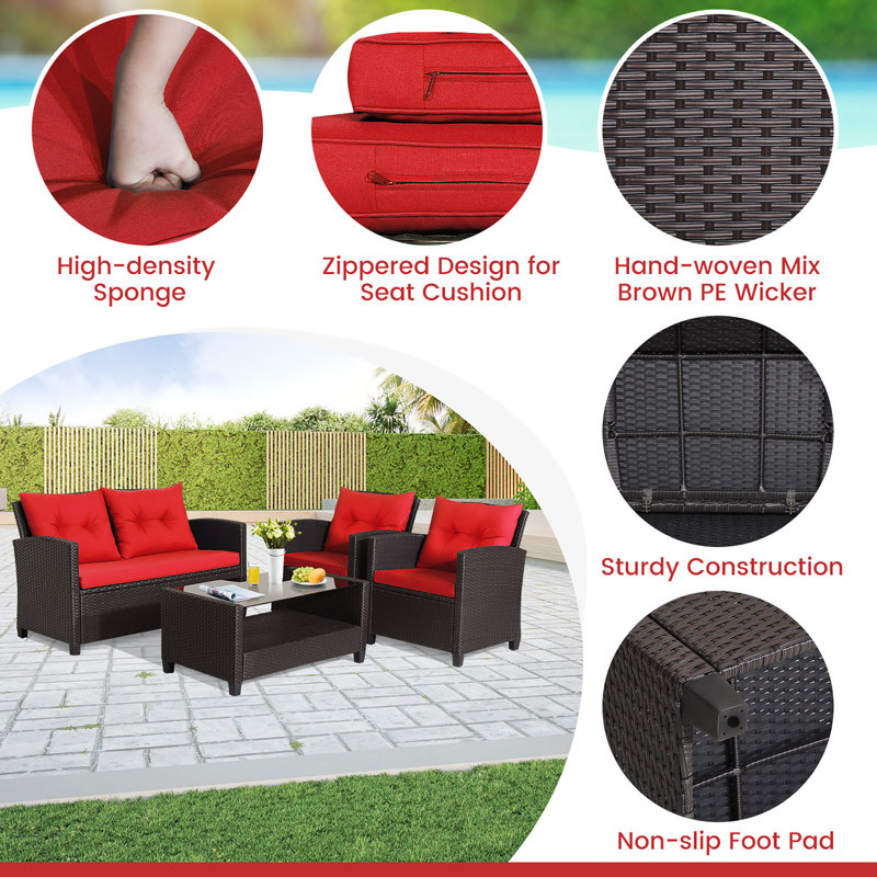 Red and Brown 8-Piece PE Rattan Outdoor Sofa Set with Cushions