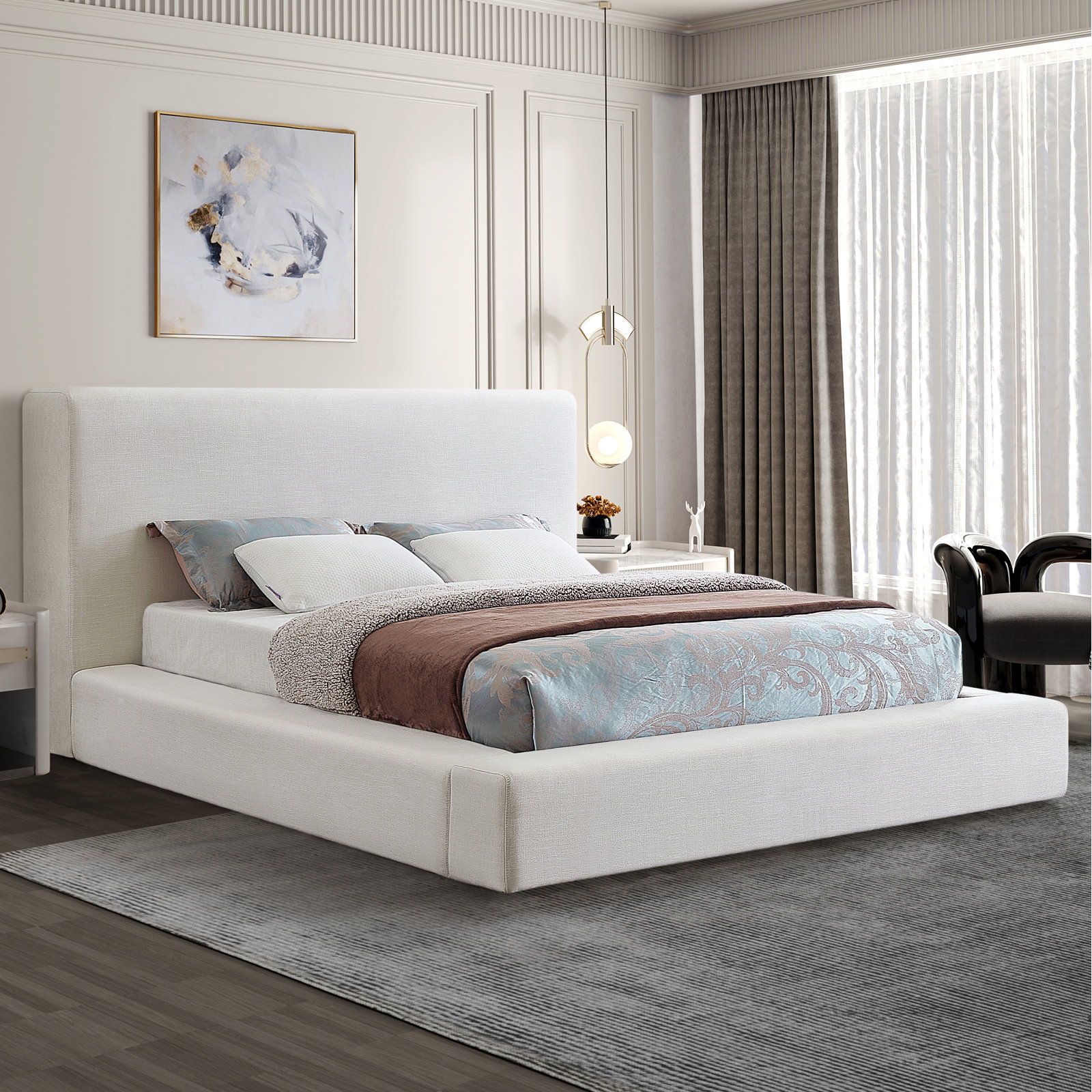 Ishia Upholstered Platform Bed, Cream Linen, King