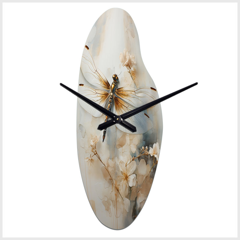 Dragonfly Delight - Curved Shape Decorative Beige Dragonfly Wall Clock, Medium