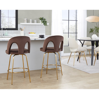 Tabouret de comptoir à hauteur fixe avec pivot en métal doré et tissu blanc neige avec repose-pieds rond en métal doré - ensemble de 2