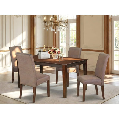Ensemble de table de salle à manger 5 pièces comprenant une table de cuisine rectangulaire et 4 chaises de salle à manger Parsons en tissu brun, acajou