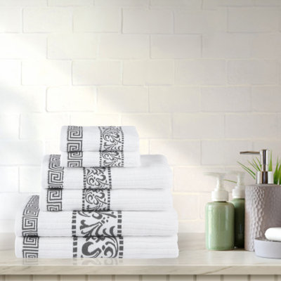 Mikira Athens Cotton Medium Weight Floral Border Greek Key Trim 6 Piece Assorted Towel Set