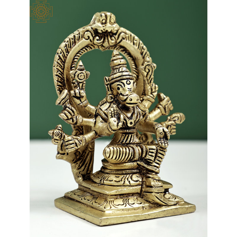 4" Small Eight-Armed Goddess Varahi Brass Statue – Handmade Ashtabhuja Warrior Goddess Sculpture for Home Altar and Spiritual Décor