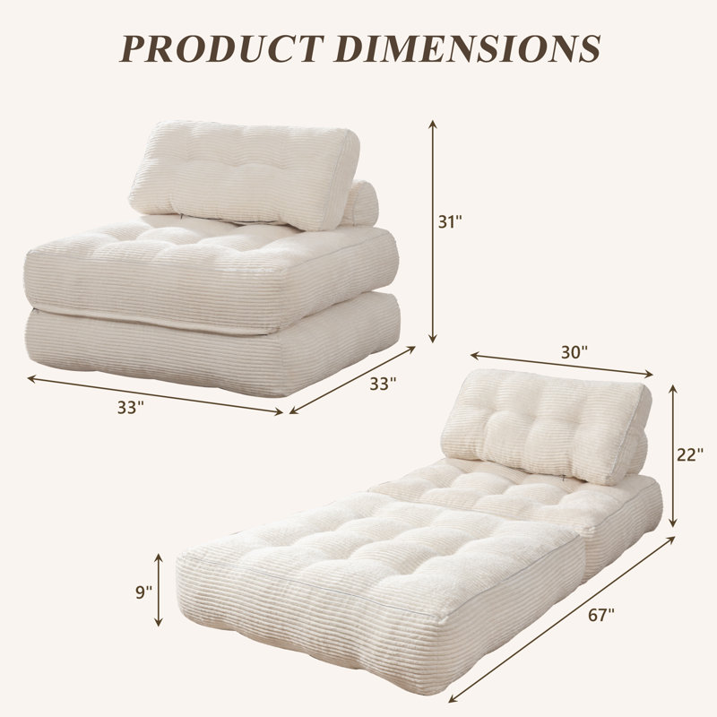 Canapé-lit Boneless, canapé-lit convertible pour adultes, canapé-lit pliant en mousse avec coussin, chaises-lits, Blanc