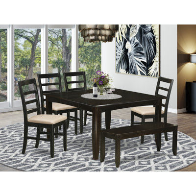 Ensemble de salle à manger 6 pièces comprenant une table carrée avec rallonge papillon et 4 chaises de salle à manger en lin avec banc, 137 x 137 cm, cappuccino