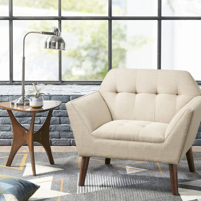 Méridienne avec accoudoirs, conception Mid-Century, détails à boutons, pieds en bois massif de pacane, tissu beige, capitonnage l 37 po x P 29,5 po