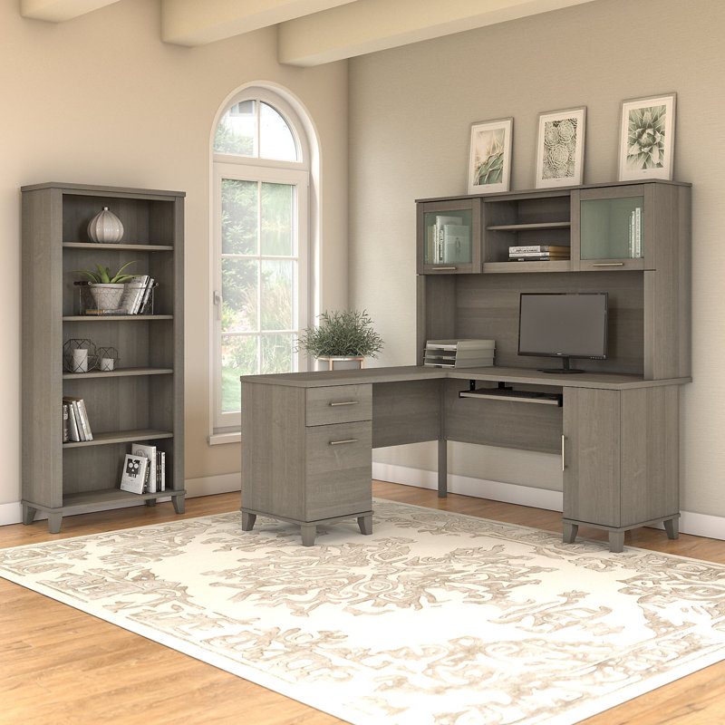 Ensemble de bureau d'ordinateur en L 3 pièces avec rehausse Magomed, Gris cendré
