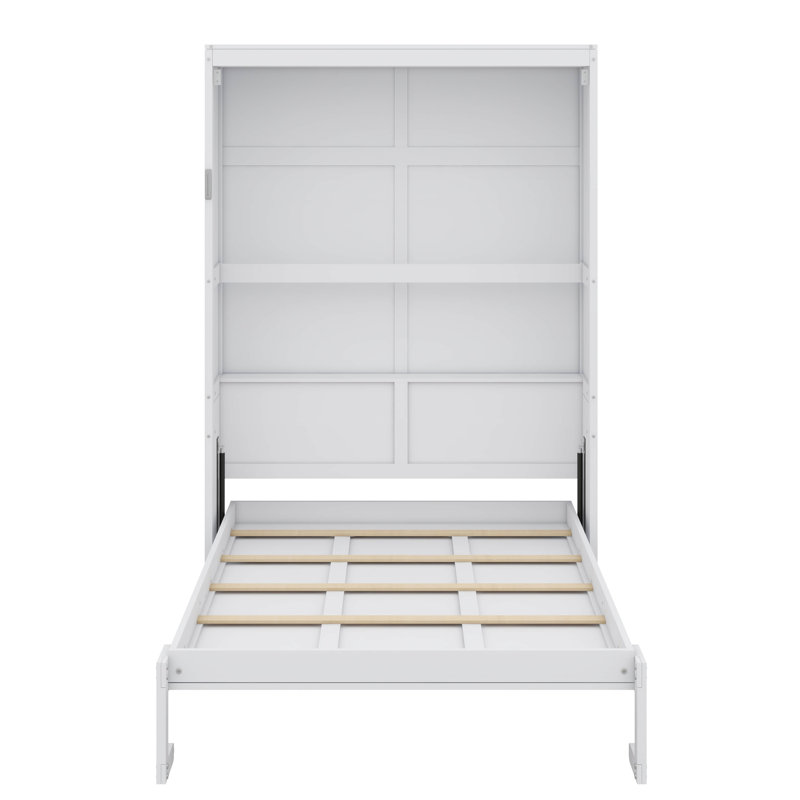 Lit escamotable double attaché au mur - Tablettes de rangement incluses, Lit double, Blanc