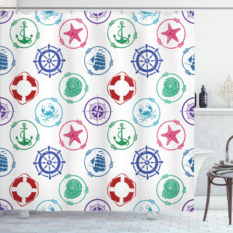 Ensemble de rideau de douche et de crochets de roue de bateau, H 70 po x l 69 po