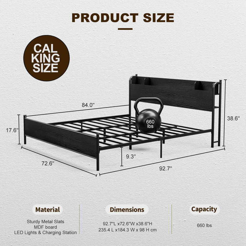 California King Black Metal and Wood Bed Frame with LED Lights and Storage