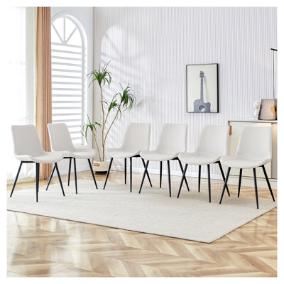 White Faux Leather Dining Chair Set of 6 with Black Metal Legs and Curved Backrest