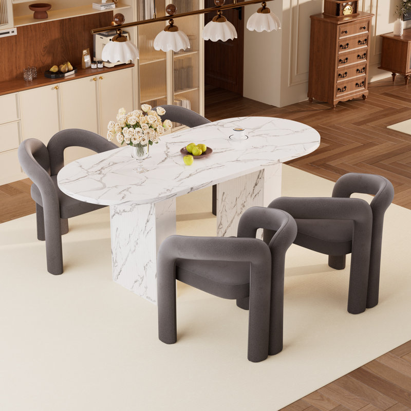 62.9inch Modern Oval Dining Table Set, 5 Pieces: Table, 4 Chairs, Gray, White