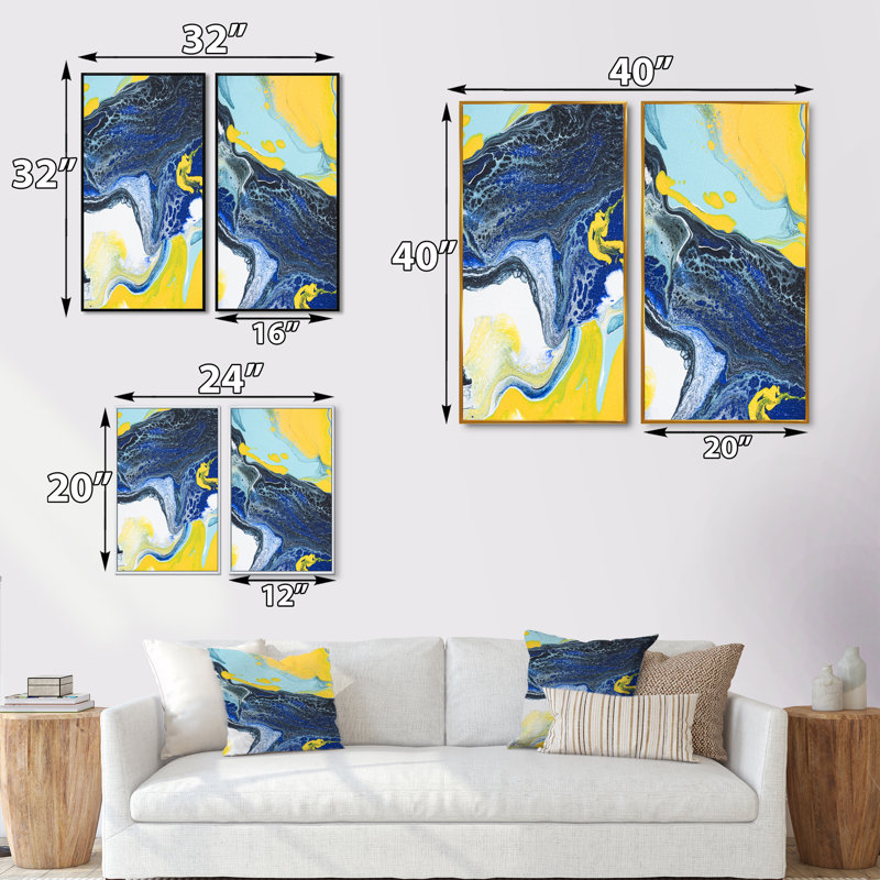 «Dark Blue and Yellow Marble Art», ensemble de 2 peintures sur toiles, H 40 po x l 40 po x P 1 po, Cadre flottant doré