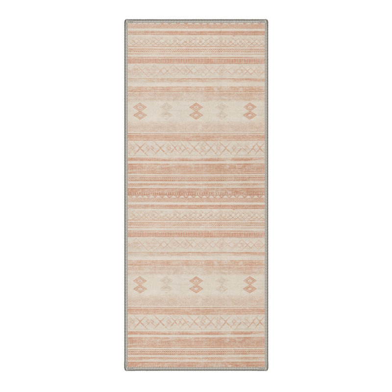 Tapis de couloir géométrique beige / rose lavable à la machine avec envers antidérapant, Tapis de couloir 2 pi 5 po x 8 pi