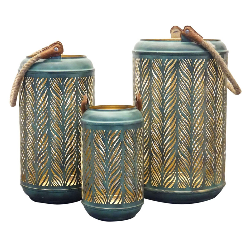 3 Piece Metal Wall Lantern Set, 25cm H x 20cm W x 20cm D, Green