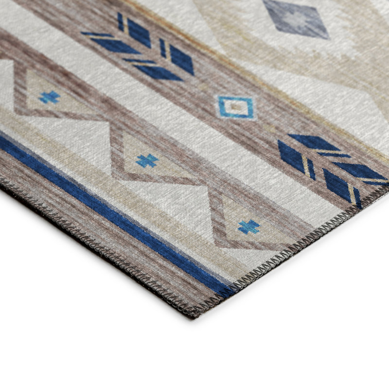 Tapis ivoire / bleu en polyester tissé à la machine Mentzer Southwestern, Rond 8 pi