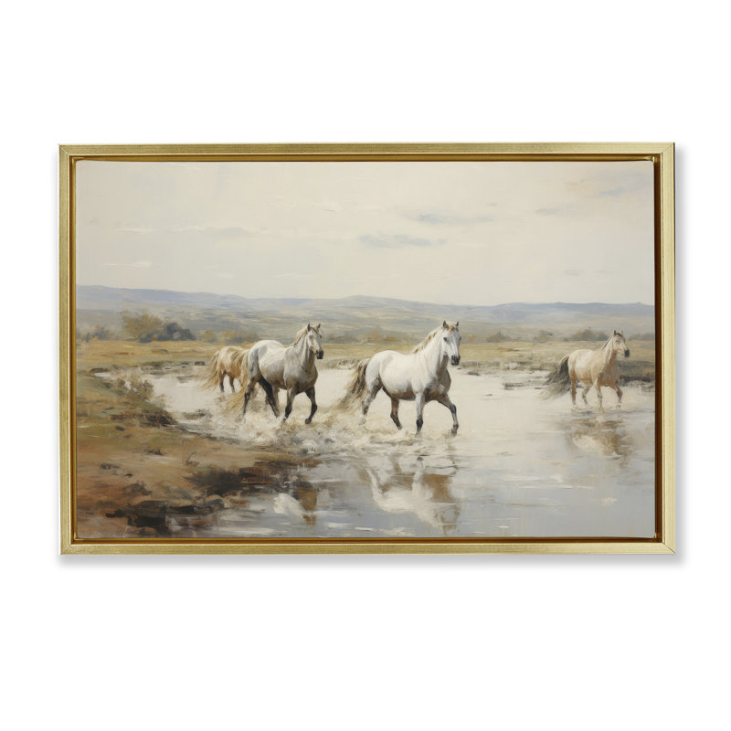 Toile flottante encadrée Free Horses par Petal Prints Design, Cadre flottant métallique doré, H 21 po x l 31 po