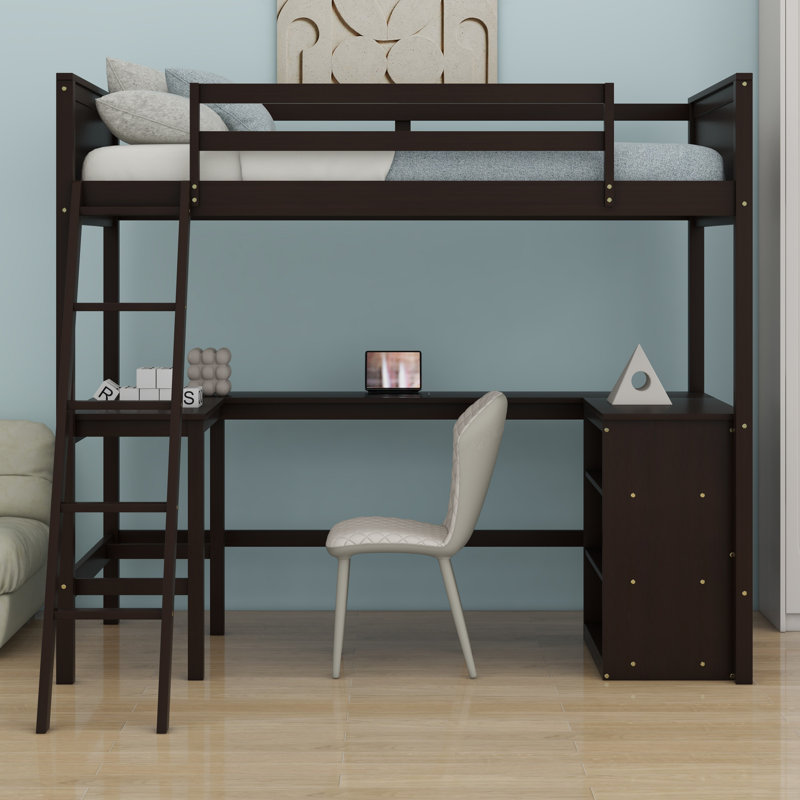 Lit mezzanine avec tablettes et bureau, Espresso