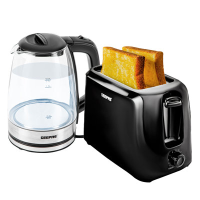 GEEPAS 2 Slice Bread Toaster & 1.7L Illuminating Electric Glass Kettle Set – 2200W Cordless Jug Kettle, Auto Shut Off & Boil Dry Sensor – 700W Toaster with 6 Level Browning Control