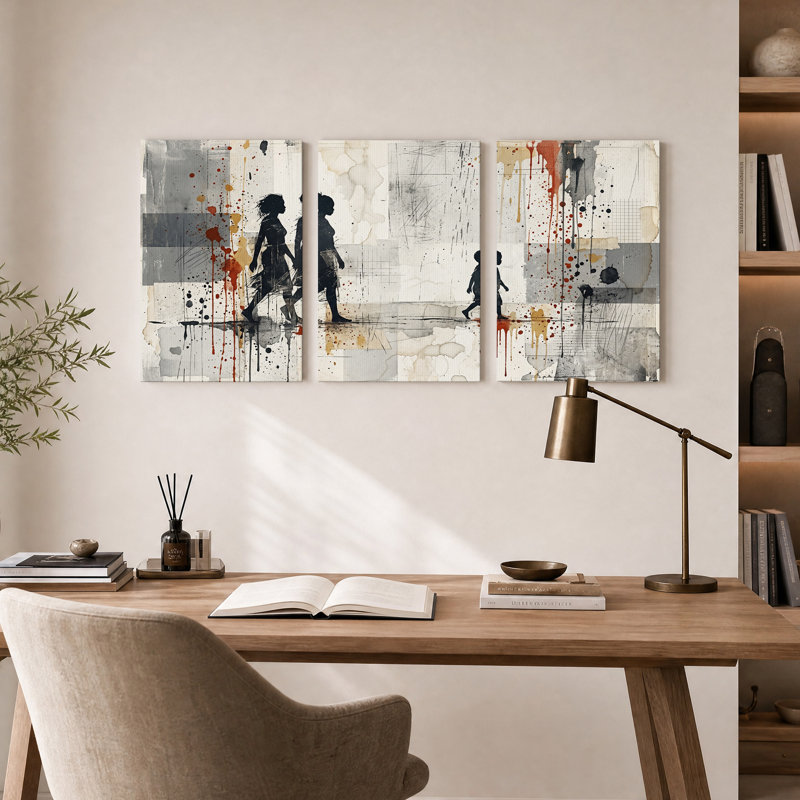 «Walking Silhouettes in Abstract Rust and Gray», ensemble de 3 toiles, H 18 po x l 12 po x 3 pièces