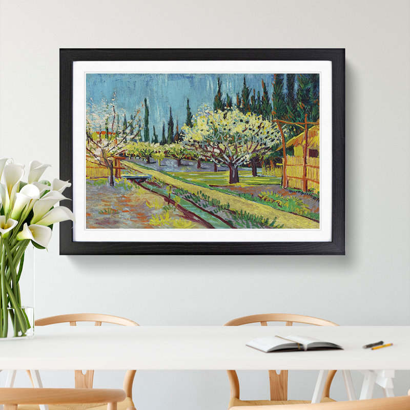 Orchard Bordered by Cypresses by Vincent Van Gogh - Picture Frame Painting, 36cm H x 48cm W x 2cm D, Black Framed