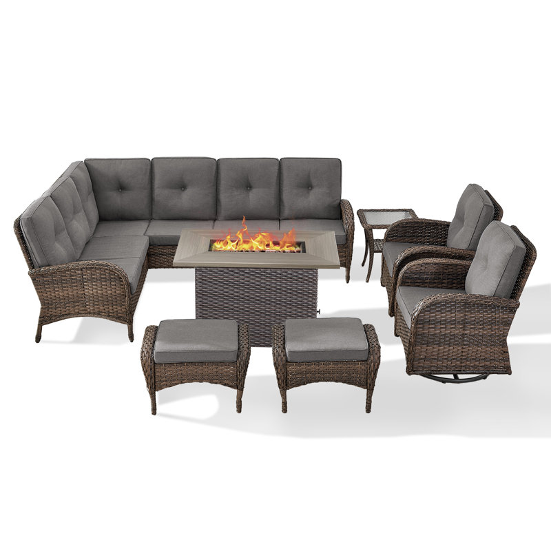 Ensemble de conversation modulaire en osier avec coussins et foyer d'extérieur 50 000 BTU pour 8 personnes Gaetanino, Gris