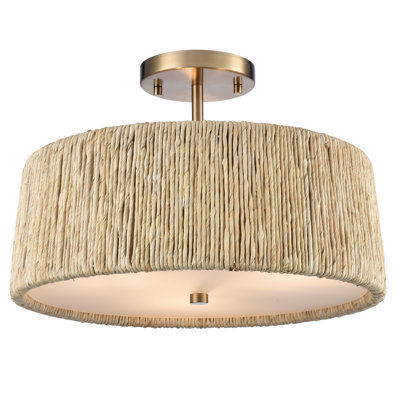 16" Cabana Semi Flush in Lacquered Gold with Dried Corn Leaf Wrap