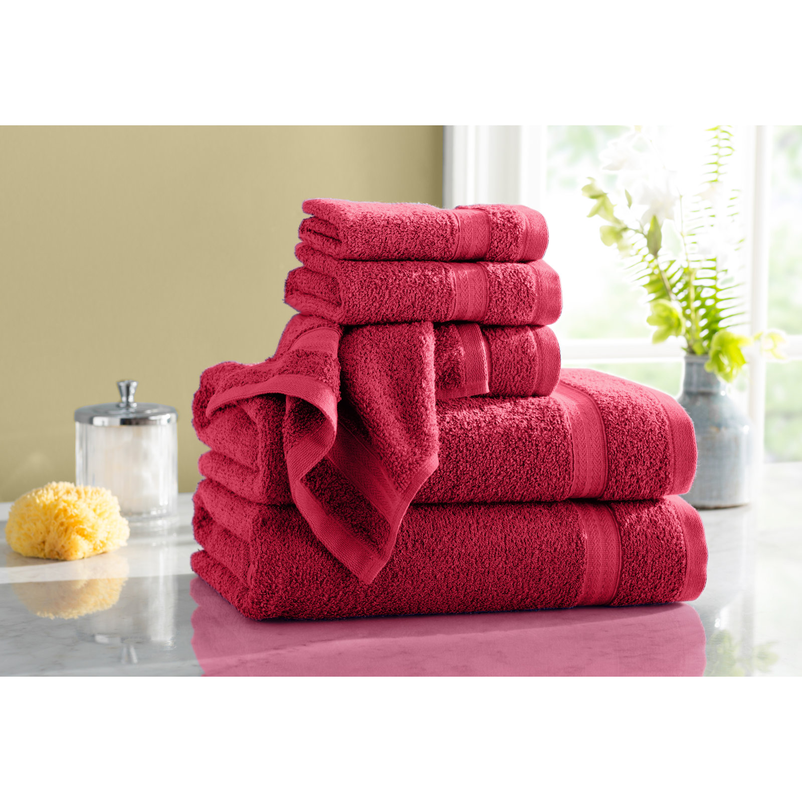 6-Piece Quick-Dry Cotton Towel Set, True Red