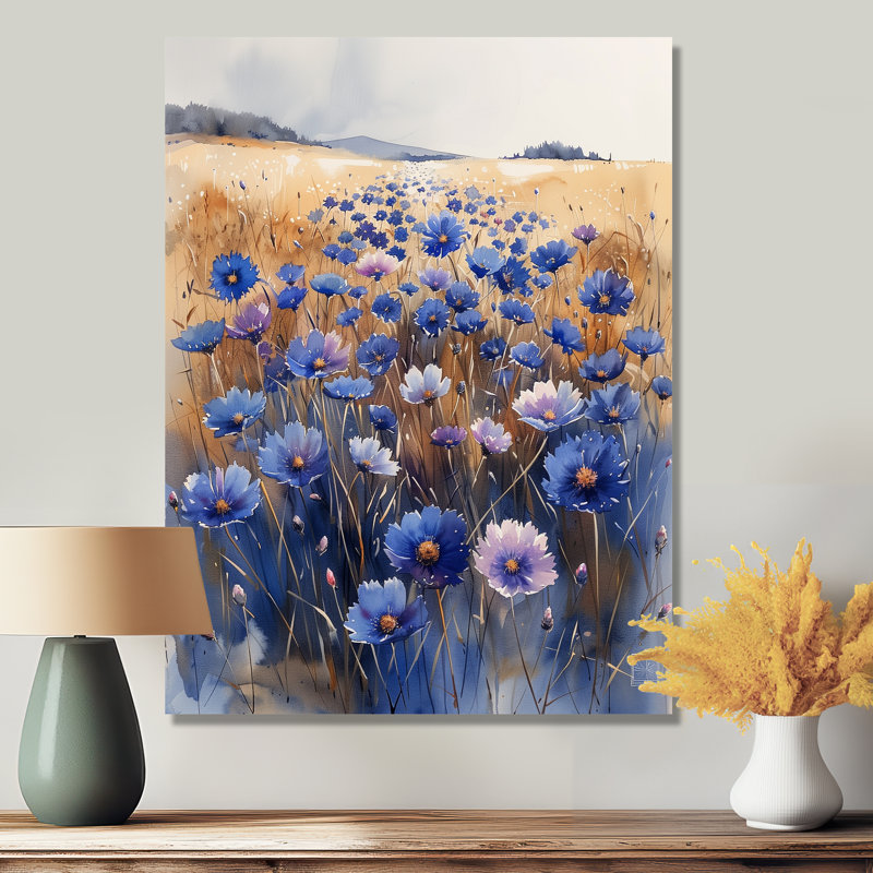 Bleu, bleu, bleuet, été, brise, pré, II - bleuet, art mural, salon, Cadre photo noir, 32" H x 24" W