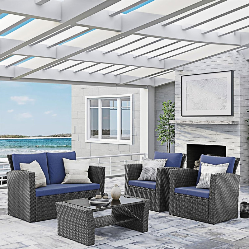 Canapé modulaire d'extérieur 4 pièces avec table basse en verre trempé