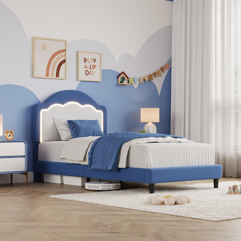 Base de lit réglable pour tête de lit pour enfant, taille simple - Revêtement en molleton Sherpa - Support en lattes de bois - Capacité de 750 lb - Aucun sommier requis - Assemblage facile