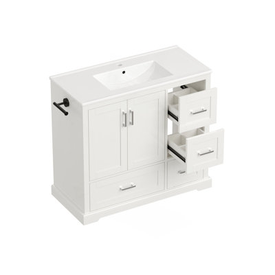 Meuble-lavabo de 107 cm avec lavabo en céramique – Meuble autoportant à 4 tiroirs (dont 2 supérieurs avec séparateurs), portes à fermeture amortie avec étagères intérieures, porte-serviettes latéral réversible, poignées, MDF