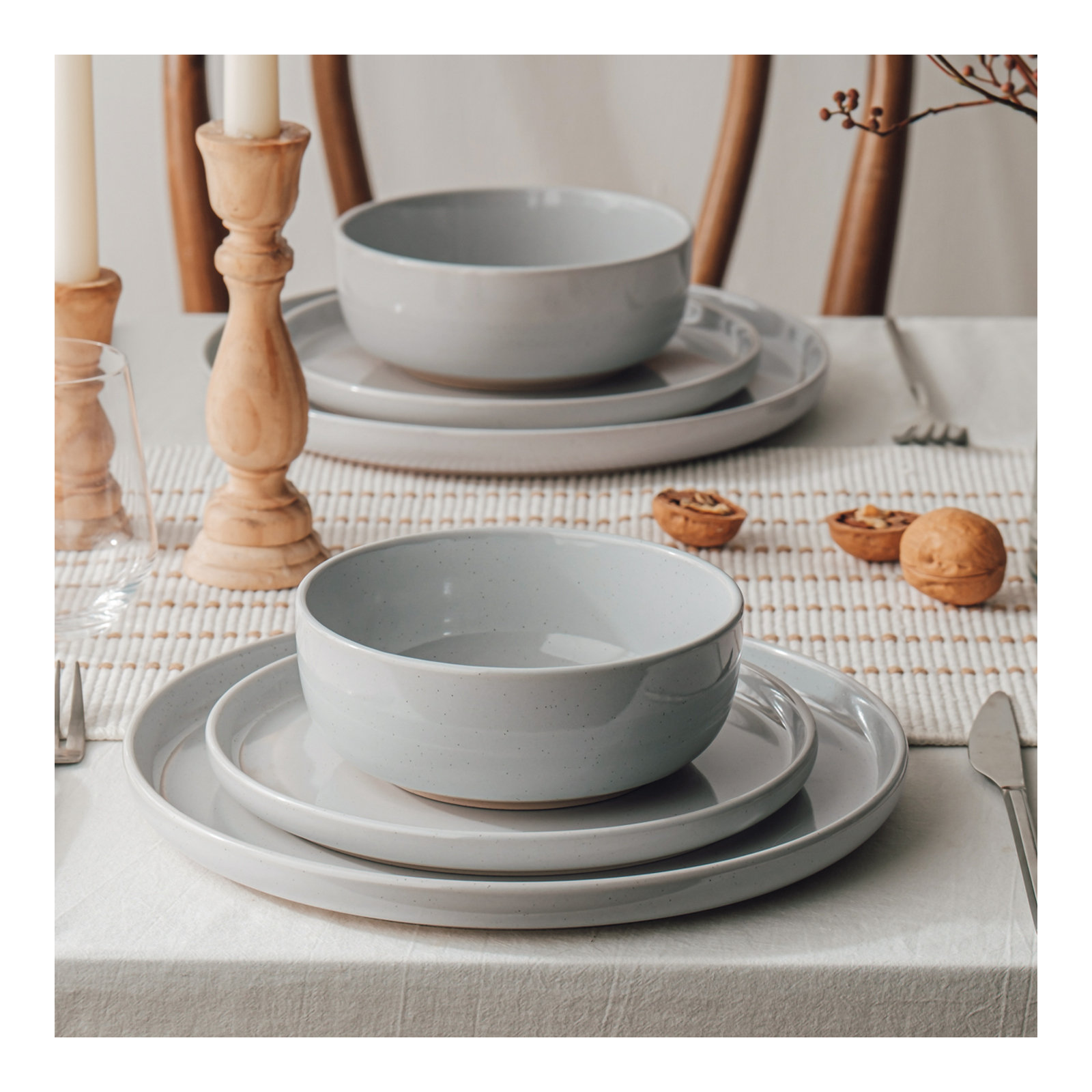 12 Piece Dinnerware Set - Service for 4, Light Gray