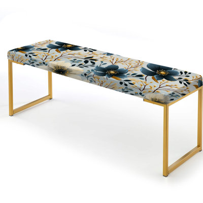 Blue & Ivory Coastal Elegance Floral Pattern - Floral Upholstered Gold Bench