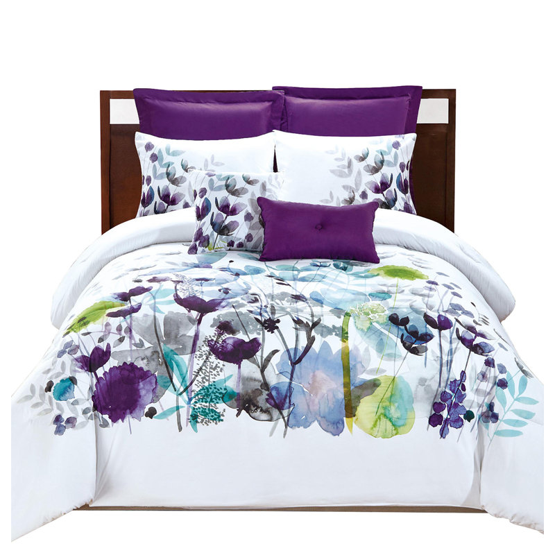Flower Polyester Floral Comforter, Queen Comforter + 4 Shams + 2 Throw Pillows
