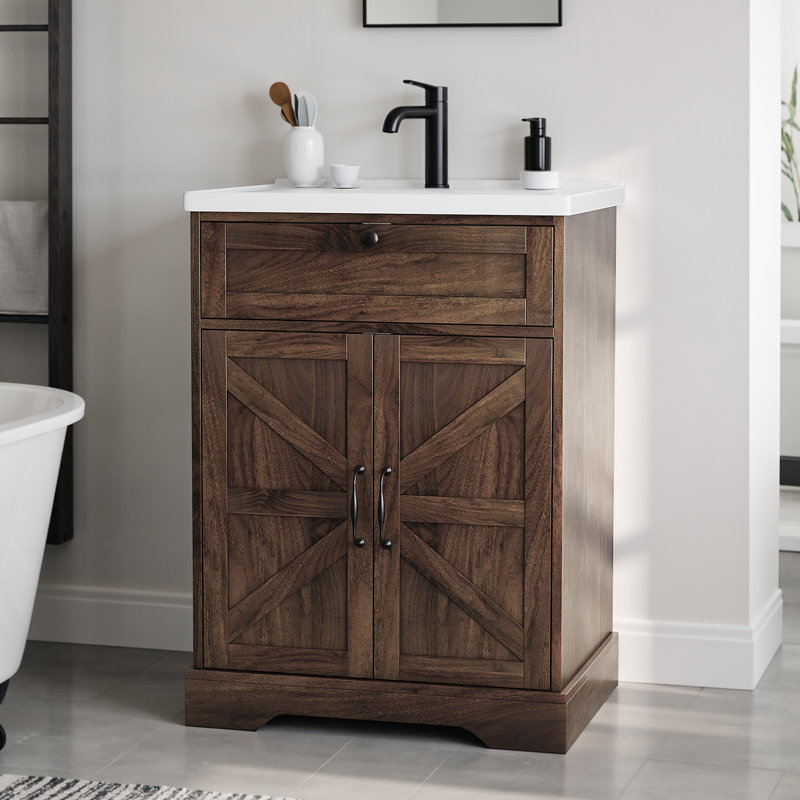 23.6" Bathroom Vanity with Integrated Sink Top, Bathroom Storage Cabinet with Flip Drawer & Doors, Brown