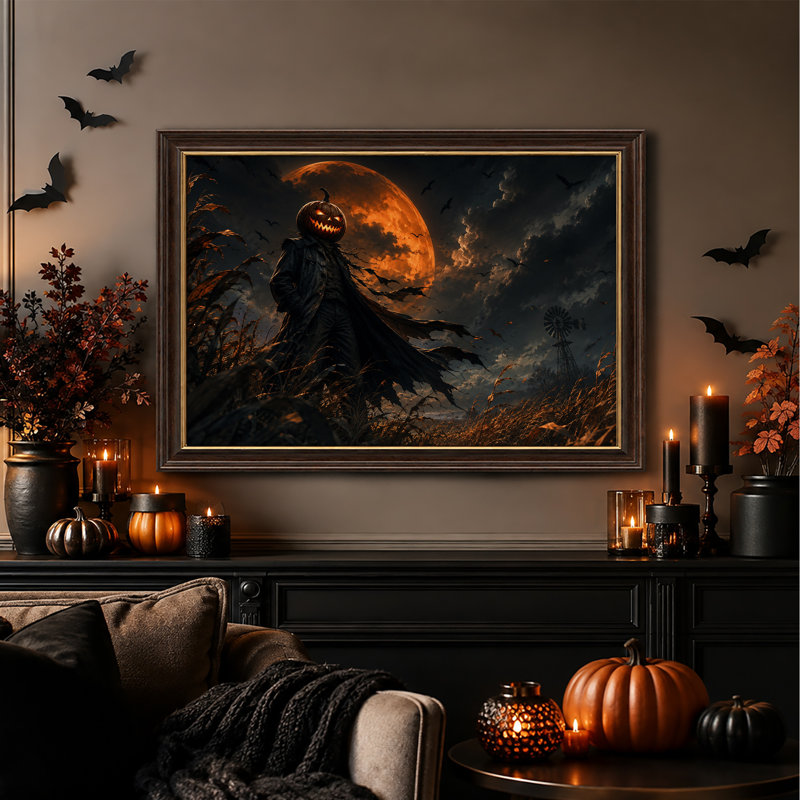 Épouvantail à tête de citrouille dans un champ de maïs sous une toile orange pour l'Halloween, 16"H x 24"W