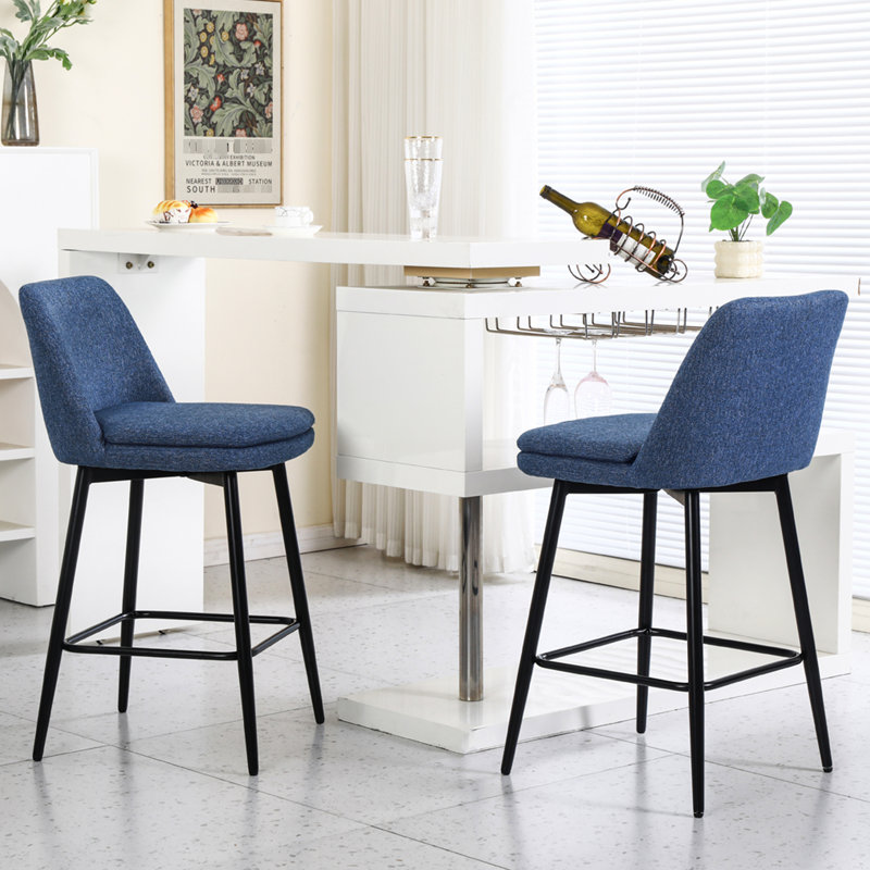 2 Counter Height Swivel , Blue Linen Covering, 25.6" Seat, Metal Legs For Kitchen Island & Pub Stools Of 2, 360 Rotatable, Upholstered,