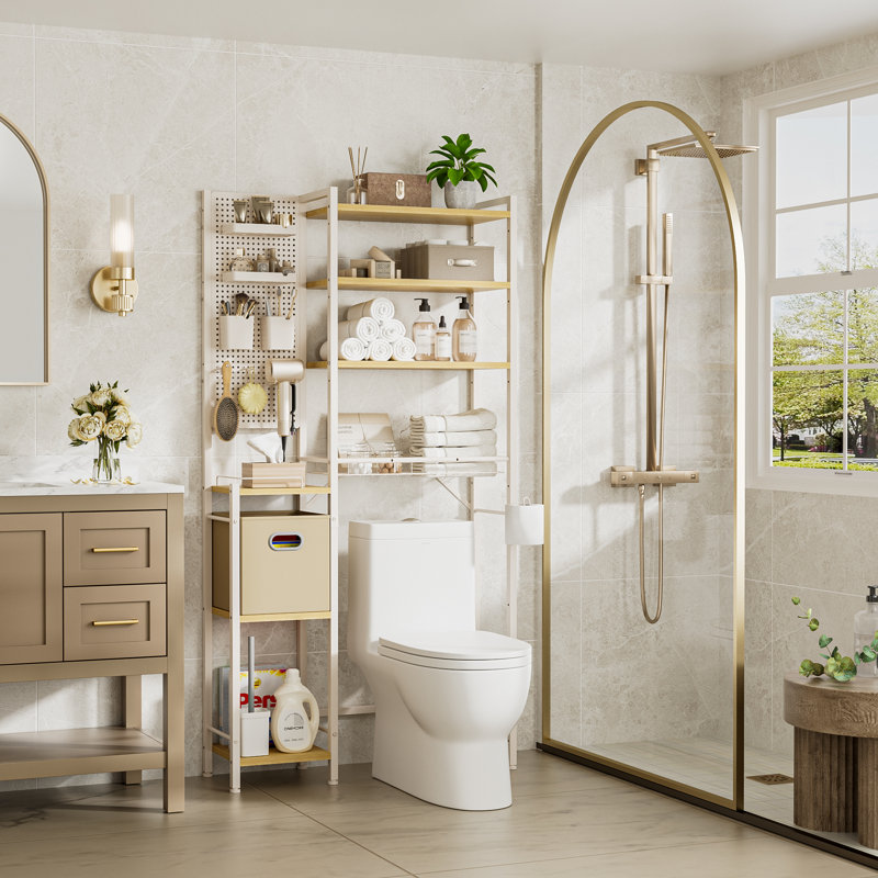 Over Toilet Storage Rack with Pegboard & Storage Basket, 35 "H x68"W x 13"D, Natural Wood