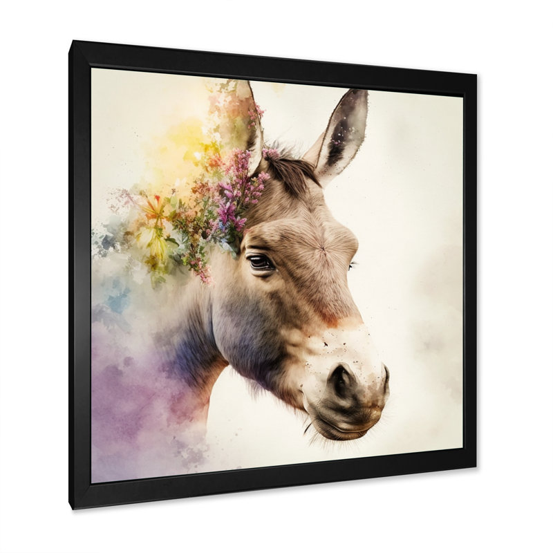 «Brown Portrait Donkey with Flowers I», reproduction d'art sur toile, Cadre photo noir, H 16 po x l 16 po x P 1 po